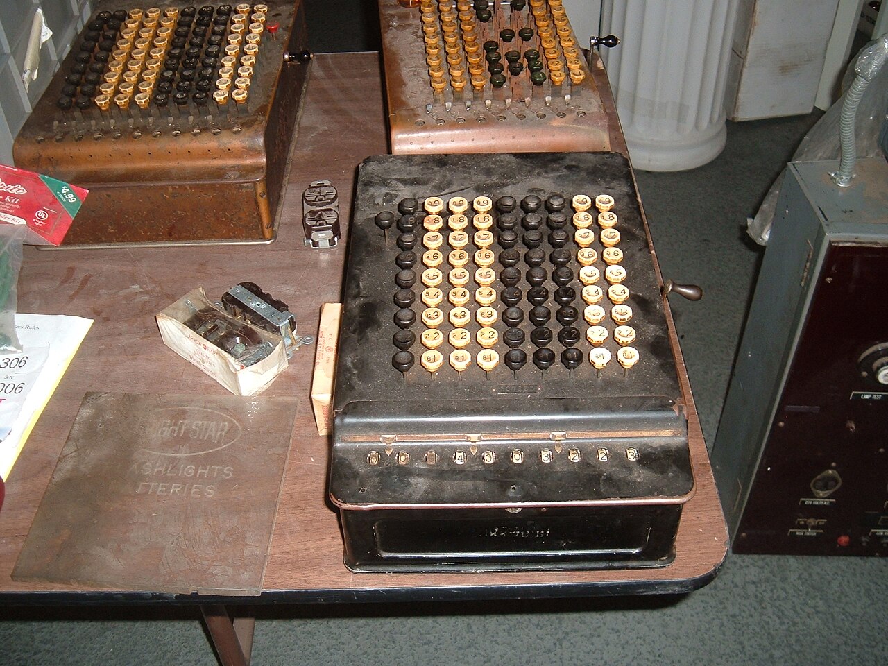 Old adding machines on a table