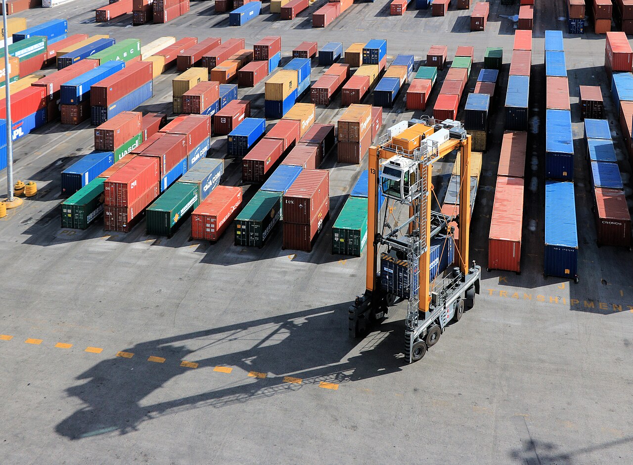Rows of shipping containers in a port container park