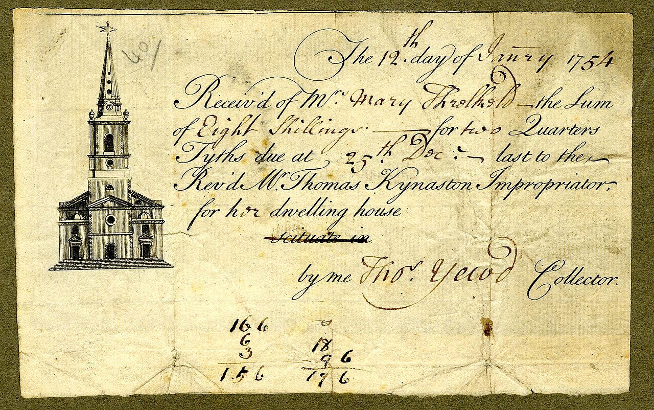 Handwritten receipt from 1754