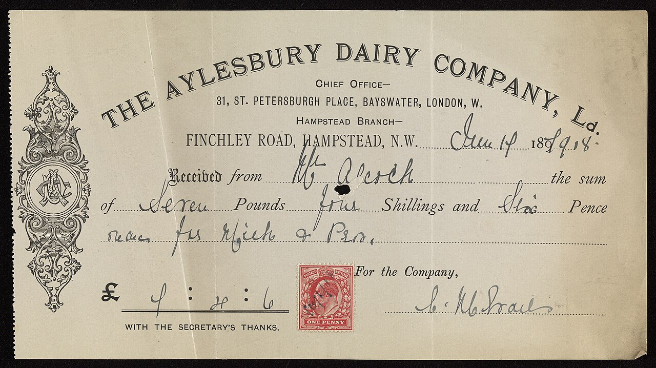 Handwritten company receipt from 1908