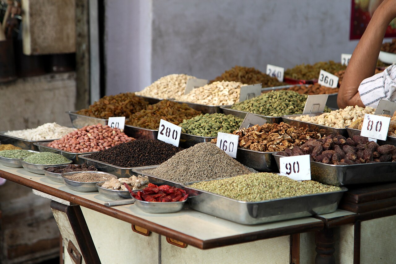 Priced trays of spices at a shop in Old Delhi
